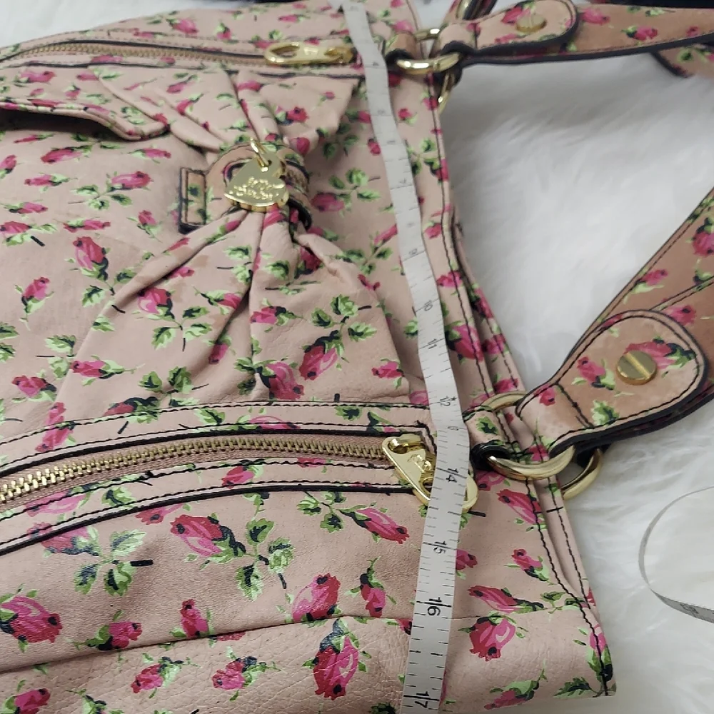 Betsey Johnson Beige Floral Tote with Pink Roses and Green Leaves